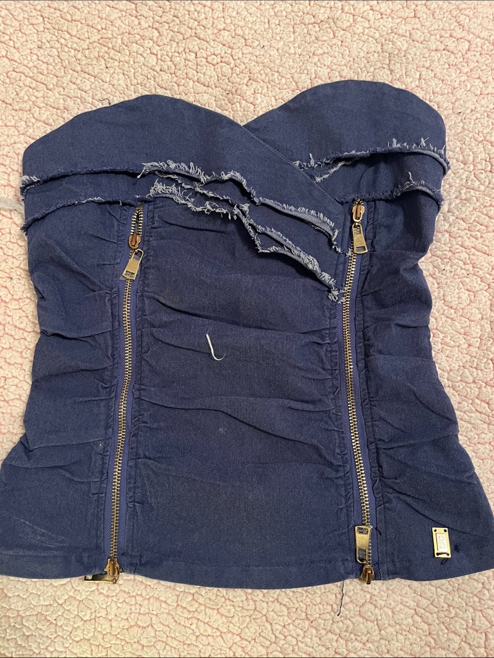 Navy Strapless Ruffled Bustier Top with Dual Gold Zippers